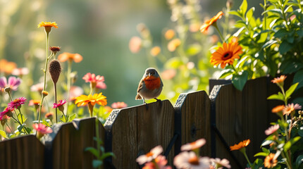 A Tiny Robin Perched on a Weathered Wooden Fence Amidst a Sun-Drenched Wildflower Garden