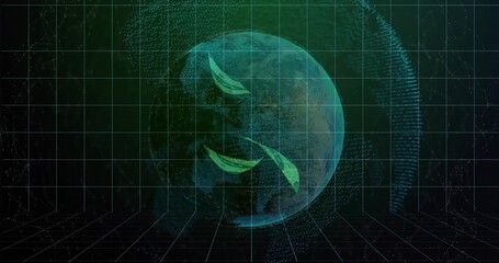 Hovering translucent data sphere rotating over dark grid floor, with orbiting curved green shapes