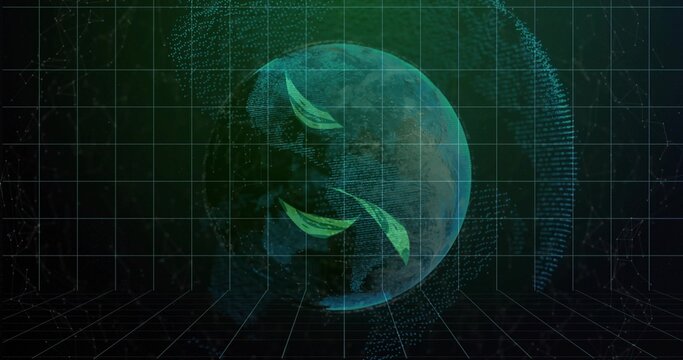 Hovering translucent data sphere rotating over dark grid floor, with orbiting curved green shapes