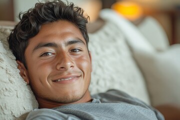 Hispanic smiling young man using a tablet at home on the sofa, enjoying a relaxing moment while staying connected with friends or family through technology, Generative AI