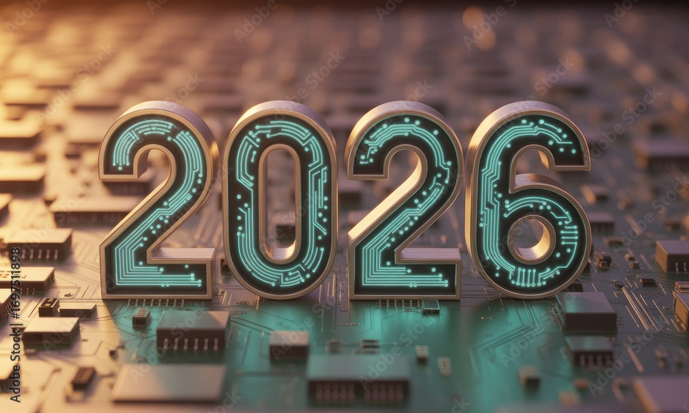 Poster 2026 year rendered in 3d with circuit board background