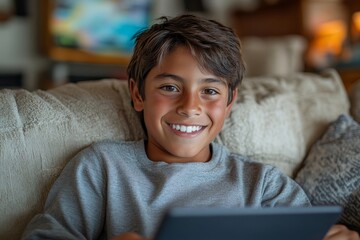 Hispanic smiling young man using a tablet at home on the sofa, enjoying a relaxing moment while staying connected with friends or family through technology, Generative AI