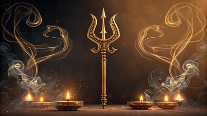 Golden Trishul trident weapon of lord shiva with glowing Diyas and smoke for religious worship.