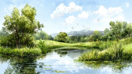 Fototapeta premium Tranquil River Landscape Painting Green Trees, Blue Sky, and Rolling Hills