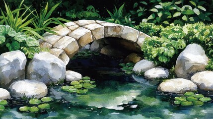 Tranquil Stone Bridge and Pond Watercolor Painting