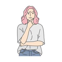 Illustration of a young woman with a pensive expression while holding her chin