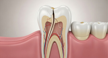 Detailed cross-section reveals cracked tooth anatomy, exposing nerves and blood vessels, crucial for dental education and care.