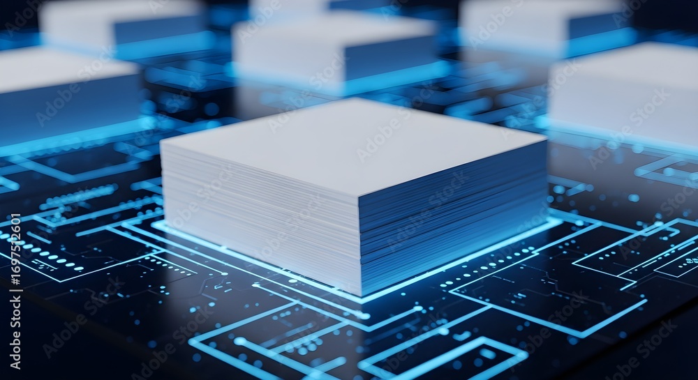 Leinwandbilder blue lit circuit board with abstract digital cubes, emphasizing the concept of data processing and t