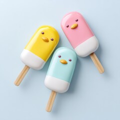 Cute 3D illustration of pastel-colored frozen popsicles in fun shapes, arranged on a light pastel background, featuring duck-shaped popsicle with cool gradient tones like pink, mint, and sky blue,