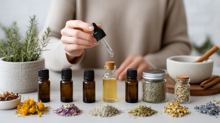 Woman making herbal aromatherapy essence with plants and essential oil. Natural botanical medicine and healthy skincare.