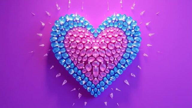 A heart shape made of pink and blue diamonds set against a purple background, radiating sparkle and love.