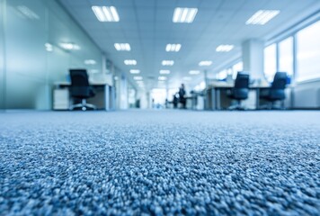 An office view from floor level, with soft blue carpet and rows of blurred desks and lights under a bright ceiling and large windows