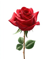 Elegant red rose, center frame, against a bright white background, showcasing soft, delicate petals and stem
