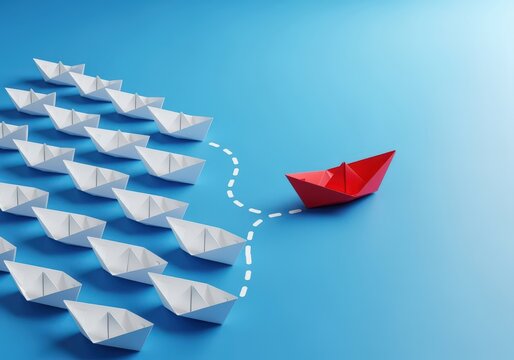 Red paper boat choosing different direction