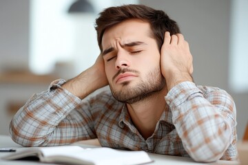 Tired young man sitting at the office desk, massaging his neck due to the pressure and tension from a day's work, reflecting exhaustion and the physical strain of office work, Generative AI