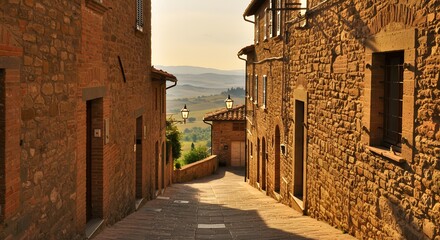 Naklejka premium Stone buildings and alleyway in warm sunlight with hills in background