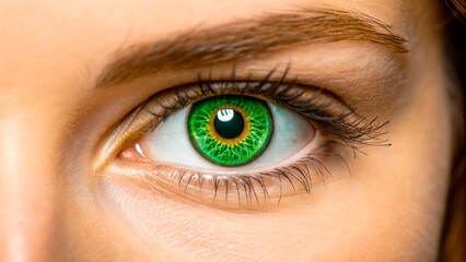 Striking close-up of a green eye showcasing intricate details and vibrant colors in natural light