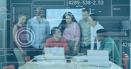 Collaborating team members reviewing data on display in office meeting room, with laptops, overlays