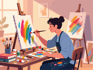 Flat Design of Creative Worker Painting Art Piece - Flat 2D Vector Illustration