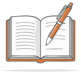 An open book with lined pages rests beside an orange ballpoint pen for writing or drawing