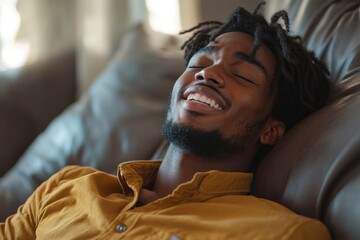Young African American man  on the sofa at home, grimacing in pain while holding his , clearly suffering from discomfort or illness, Generative AI