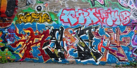 Obraz premium Colorful graffiti art adorns a brick wall, creating a vibrant urban expression of modern creativity.