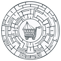 Obraz premium Round maze with shopping cart in center for commercial concept