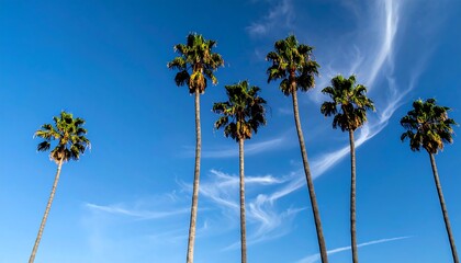 Obraz premium Five palm trees against a vibrant blue sky
