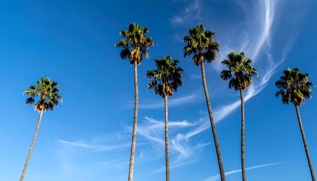 Five palm trees against a vibrant blue sky - Powered by Adobe
