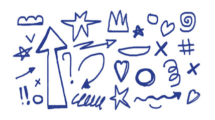Childish hand drawn doodle elements set. Arrows, stars, hearts, symbols, sketch icons in minimalist style. Funky design vector elements. 
