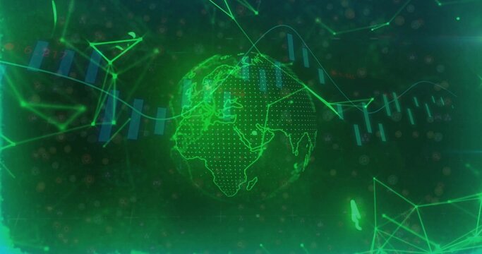 Floating holographic globe showing Africa Europe Asia grids in interface, with bars, lines, nodes