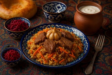 Hearty uzbek plov a delicious rice dish with meat vegetables and spices a culinary delight
