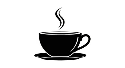 Obraz premium A black and white graphic illustration of a cup of coffee with steam rising from it on a white background