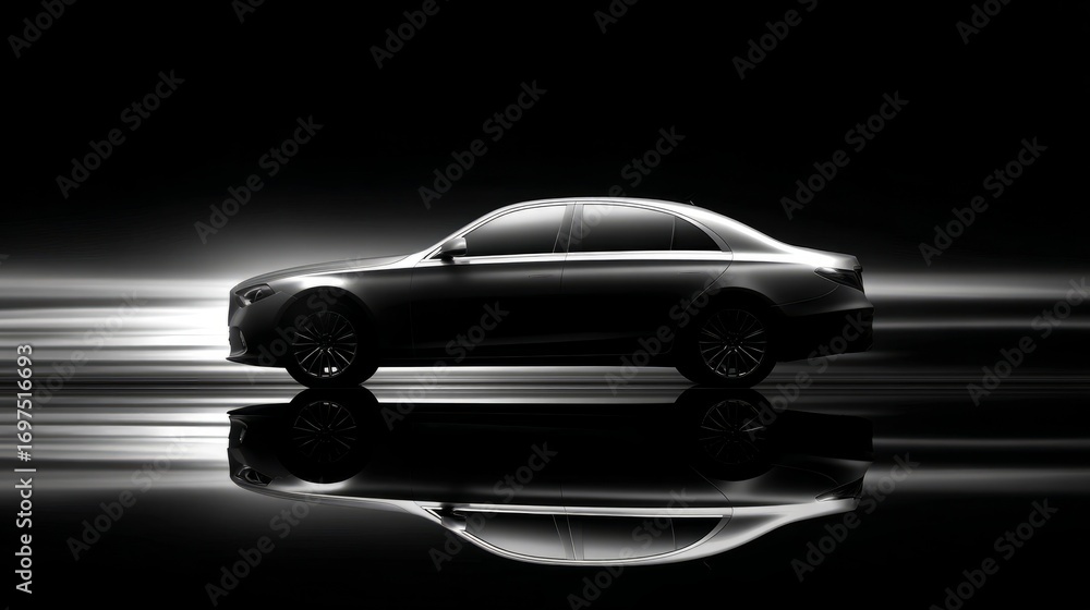 Poster minimalist composition of side view luxury sedan, dramatic lighting creating soft reflections, moder