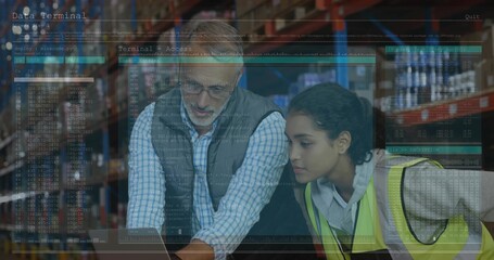 Leaning supervisor and safety vest-wearing trainee using laptop in warehouse, with AR code overlays