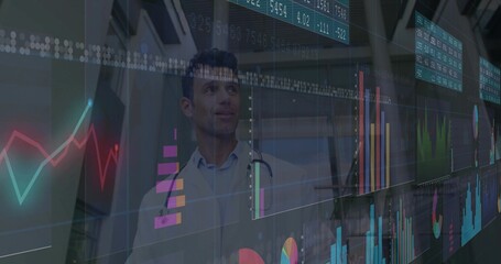 Observing doctor wearing lab coat and stethoscope analyzing charts on screens in lab, digital theme