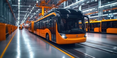 The image presents an electric bus inside a factory, a glimpse into sustainable transport.