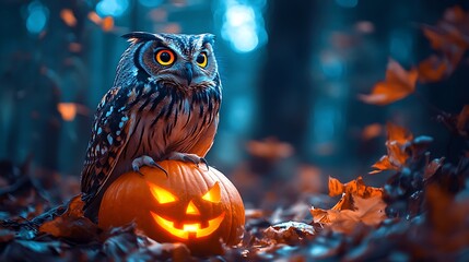 Halloween owl perched on glowing jack o lantern in spooky forest autumn season festive night scene