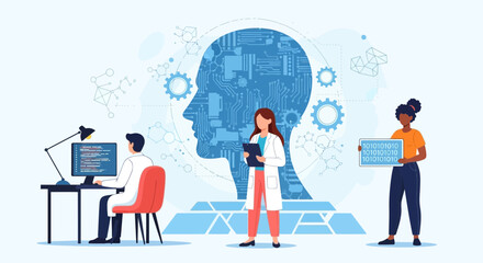 Diverse team of scientists and engineers working on artificial intelligence and machine learning.