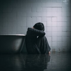 Emotional Isolation in a Dark Room with a Child Sitting on a Wet Floor Next to a Bathtub and Tiles