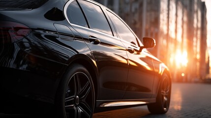Fototapeta premium Side view of glossy black premium car, sleek silhouette illuminated by warm sunlight, minimalist city background emphasizing its elegance
