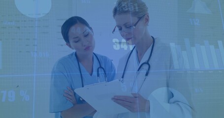 Nurse and doctor examining chart data overlays in corridor with clipboard, stethoscopes, eyeglasses
