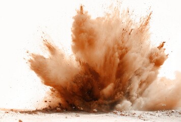Intense orange-brown dust explosion against a white background, appearing like a natural disaster or dynamic effect