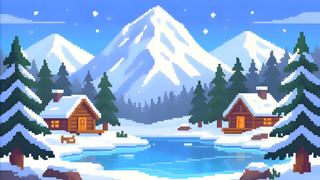 Winter Pixel Art Scene: Snowy Mountains, Frozen Lake, and Cozy Cabins