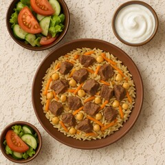 Savory pilaf with tender meat cubes chickpeas and fresh salad a delicious and nourishing meal presentation overhead view