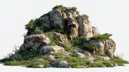 Rocky Hillock Covered in Greenery Against White Background is Pictured