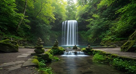 Serene Sanctuary: Silky Waterfall and Zen Cairns in a Lush Japanese Forest