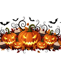 Halloween pumpkins with cupcakes and bats border isolated on transparent background