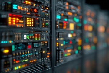 Colorful Server Room with Bright Lights and Twinkling Displays
