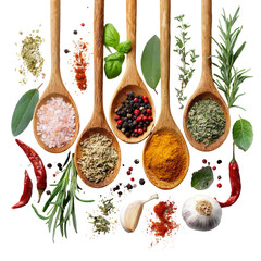 Wooden spoons filled with various spices and herbs (3)